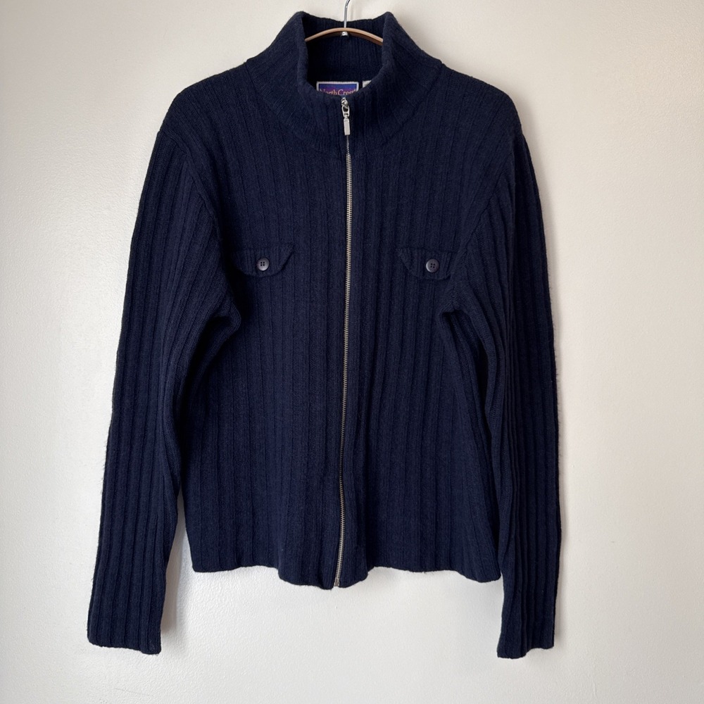Vintage North Crest Full Zip Sweater Womens L Navy Blue Wool Knit 80s Classic